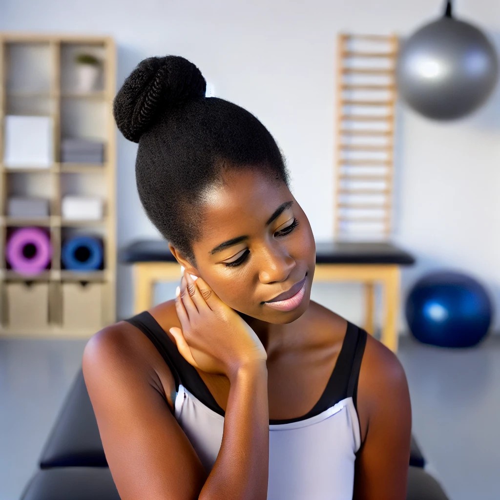 A Black woman stands in the center of a modern physical therapy clinic, gently holding her neck as if experiencing pain.