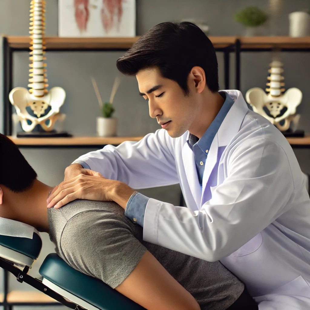 A chiropractor adjusting a patient's spine on a treatment table in a modern clinic. The chiropractor is providing spinal alignment care, focusing on the patient's neck and back