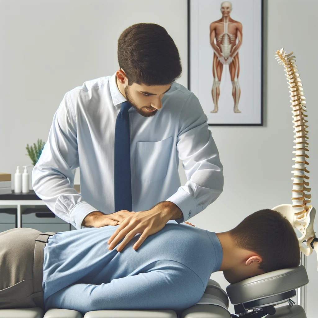 A chiropractor performing a neck adjustment on a patient lying on a treatment table in a clean, professional clinic setting, with medical equipment and spine models in the background.