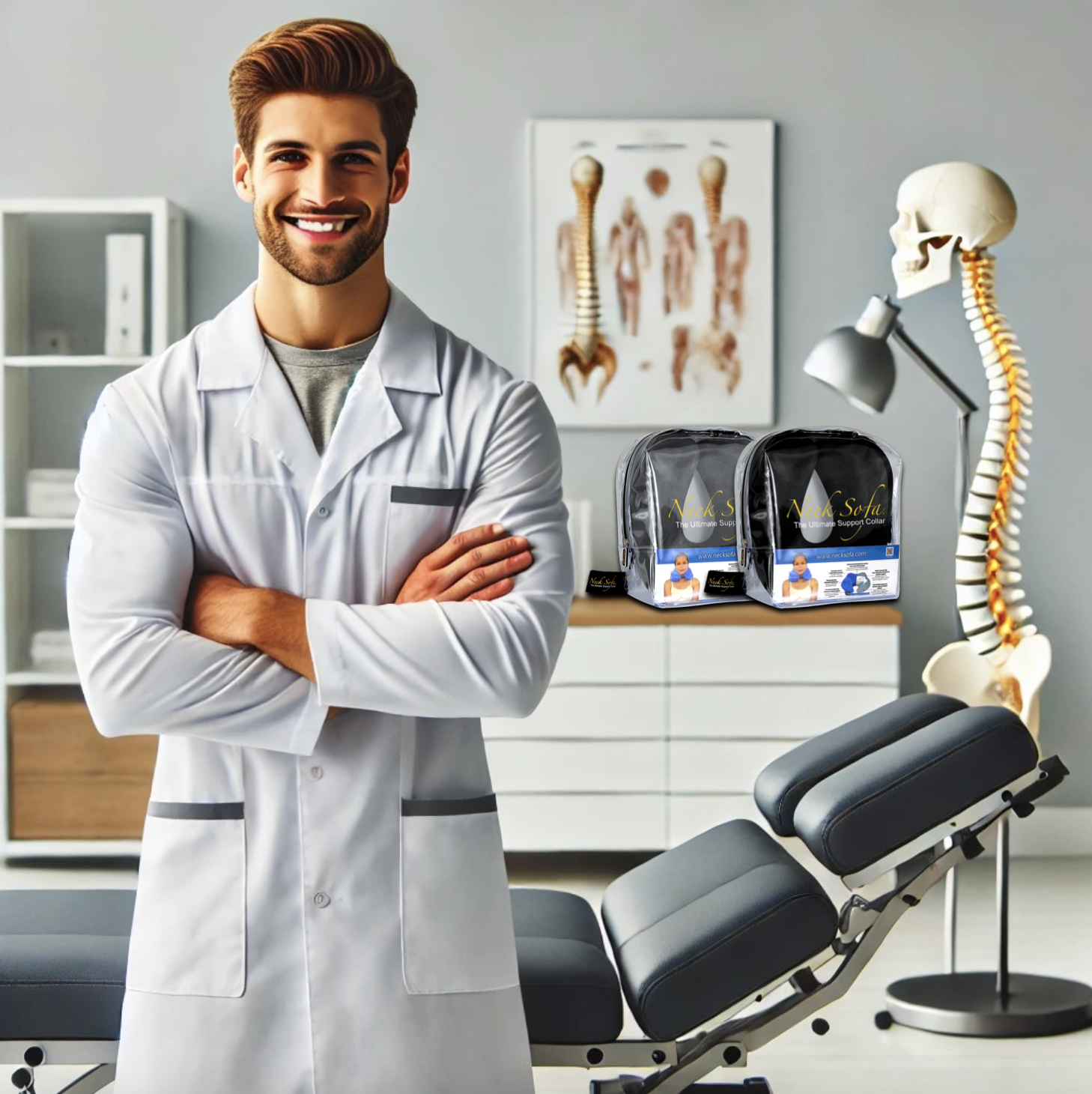 A professional chiropractor in a white coat standing in a modern clinic with a treatment table and medical equipment in the background. The chiropractor is ready to provide care