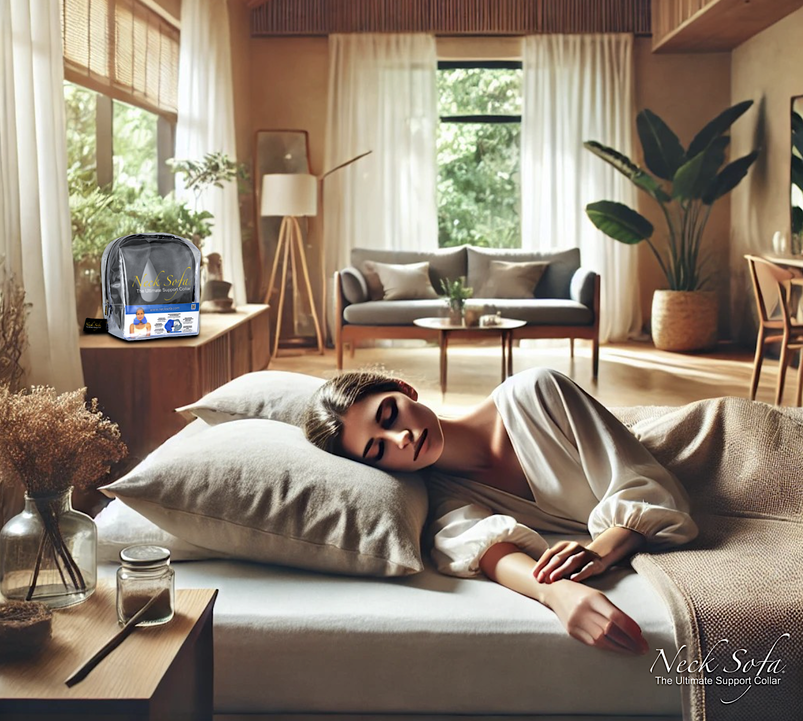 A serene and minimalist environment featuring the Neck Sofa Pillow on a sleek modern chair. The background includes soft lighting, plants, and modern decor, promoting relaxation and holistic wellness