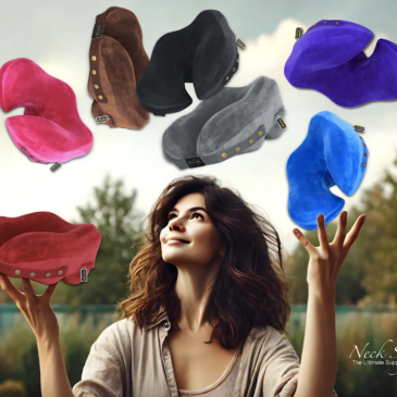 A woman outside happily juggling seven different colored Neck Sofa Pillows