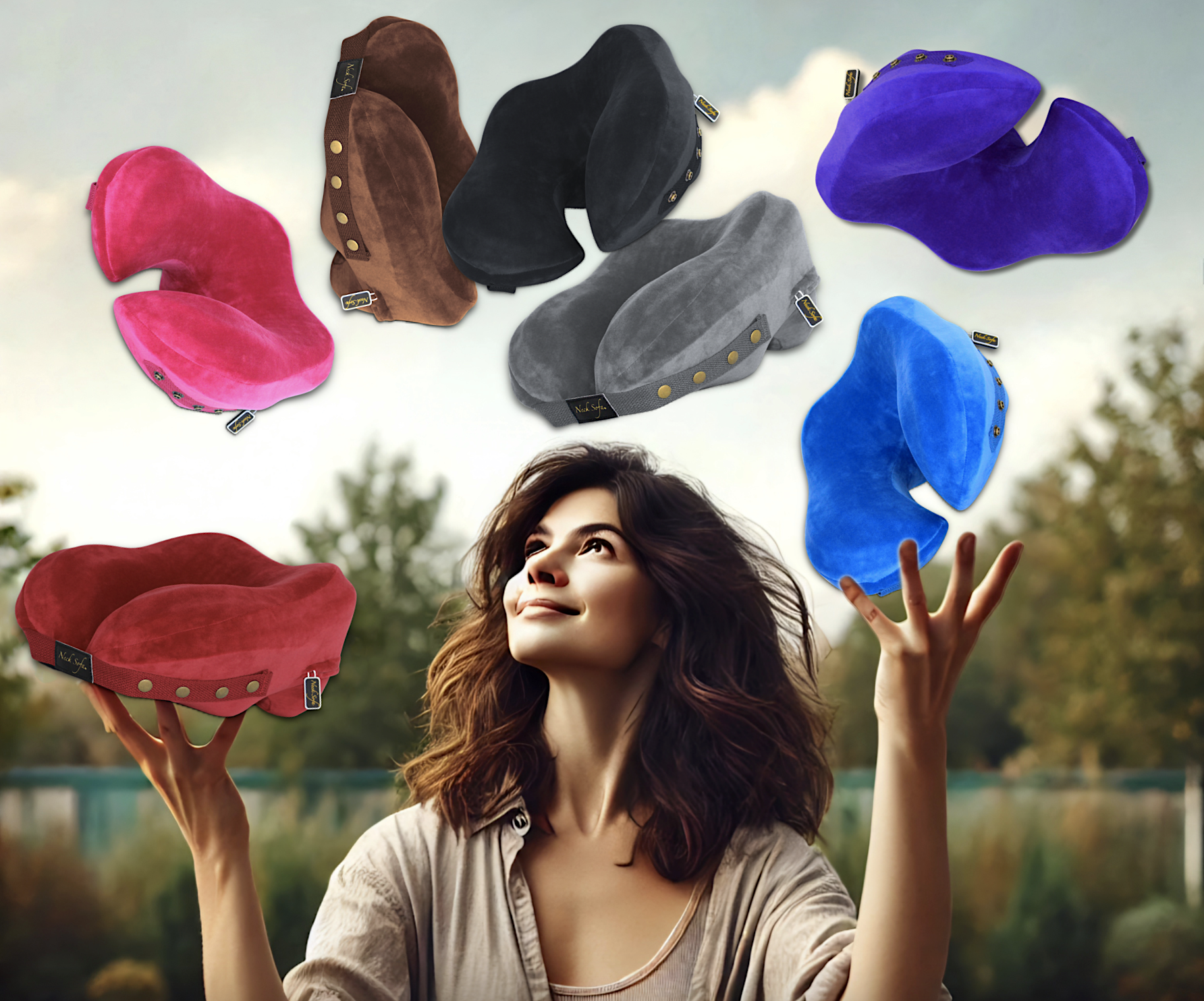 A woman outside happily juggling seven different colored Neck Sofa Pillows