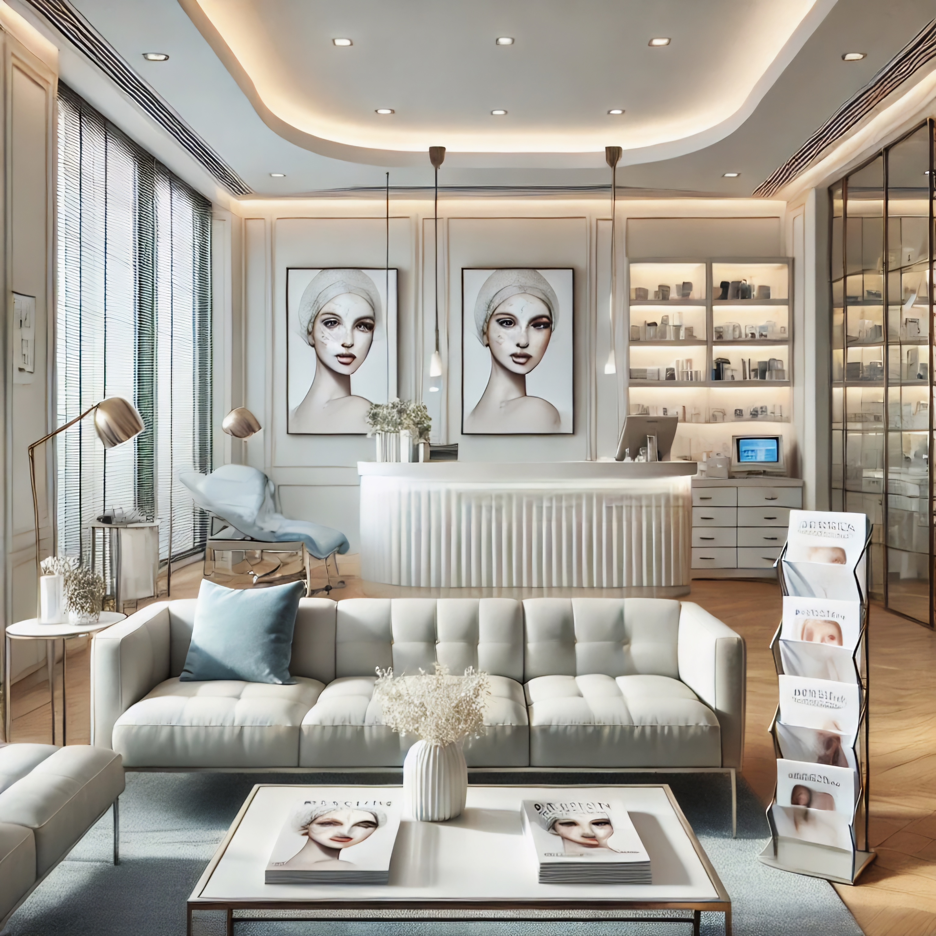 Modern Plastic Surgery Office A clean modern plastic surgery office featuring sleek furniture, a comfortable seating are and soft lighting
