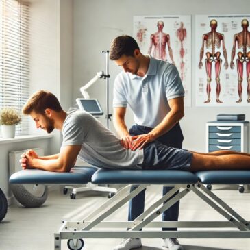 Physical therapy setting with a therapist working with a patient on a therapy table. The clean and professional environment includes therapy equipment and a calm, supportive atmosphere