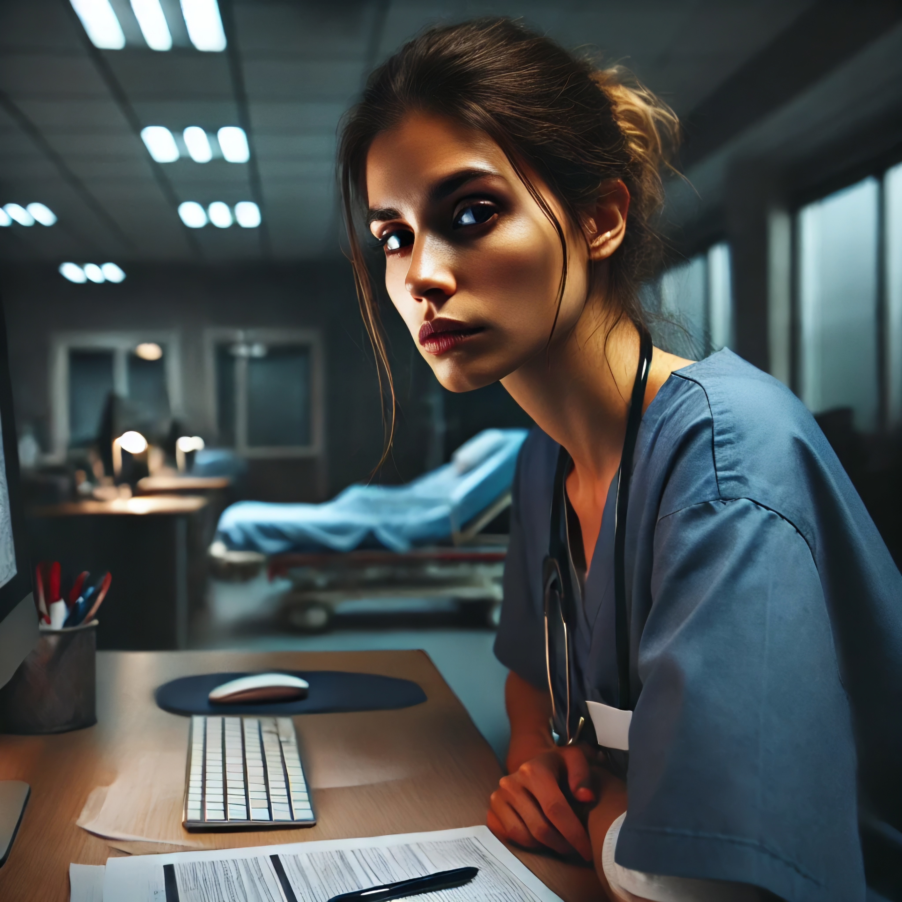 A nurse works at a desk in a quiet hospital late at night, reviewing charts with a tired, slouched posture