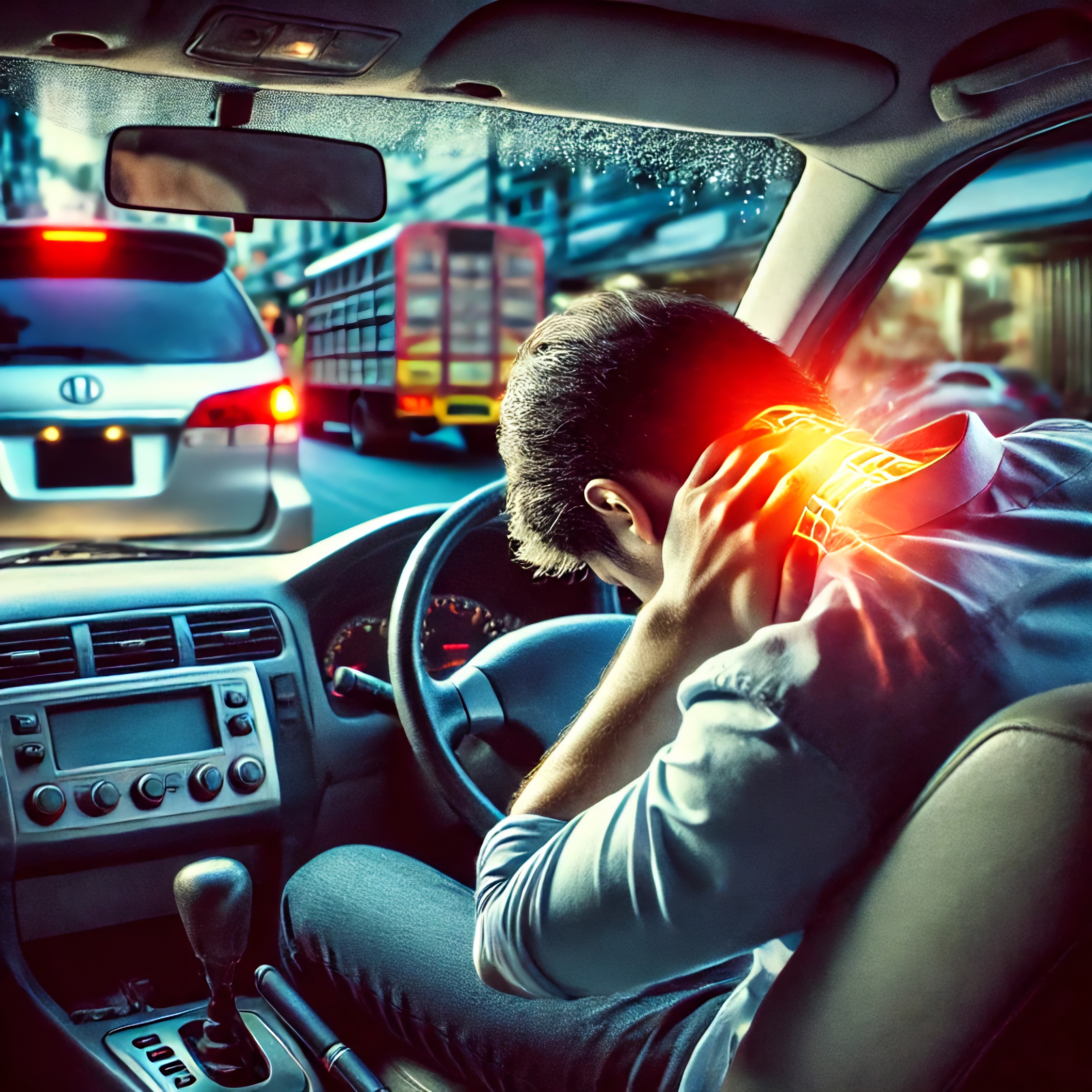 A scene of a car accident where the driver is experiencing whiplash