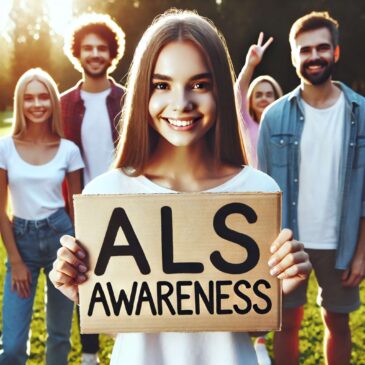 A small group of people standing together outdoors in a park, holding sign that say 'ALS Awareness' in large, bold letters