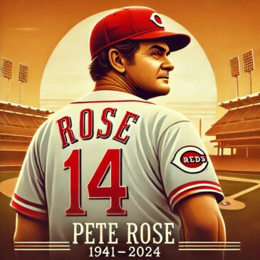 A tribute image of Pete Rose wearing his Cincinnati Reds jersey number 14.