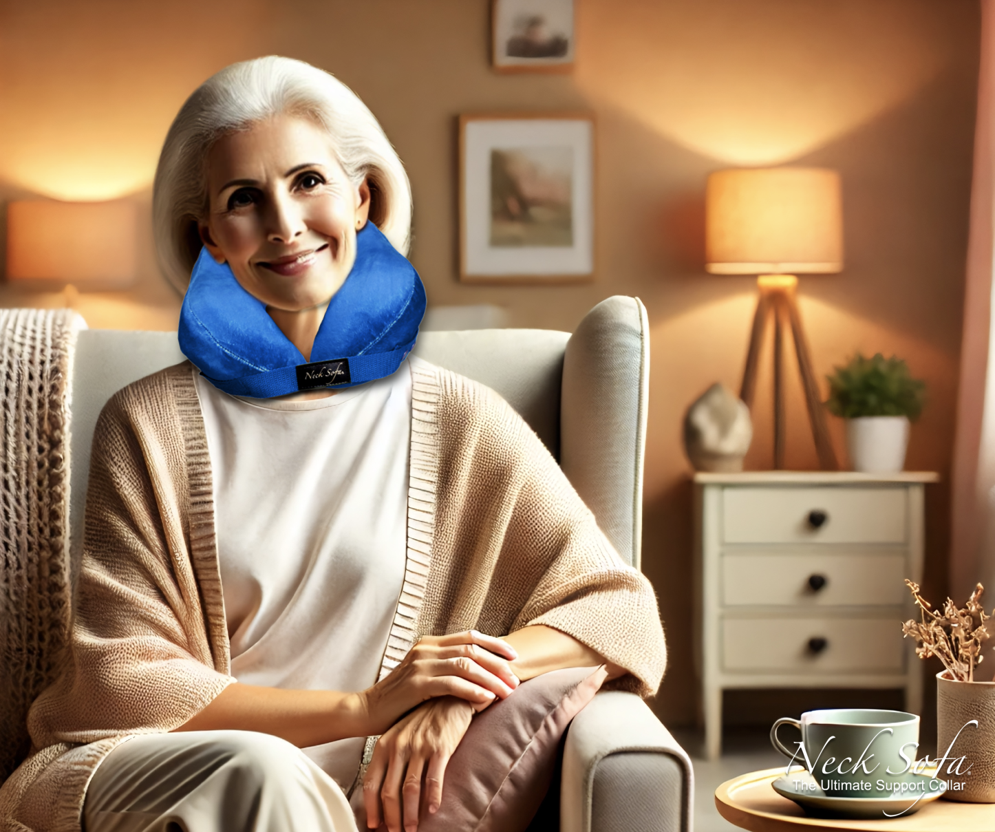 A warm, cozy image of an elderly person comfortably resting with the Neck Sofa Pillow