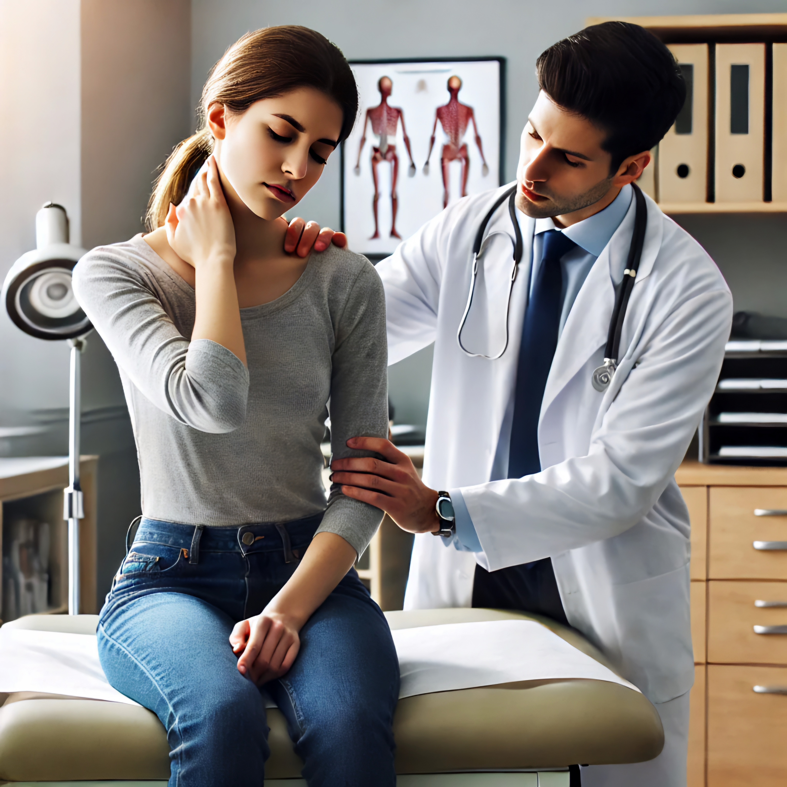 A woman sitting on an examination table in a doctor's office, holding her neck in pain