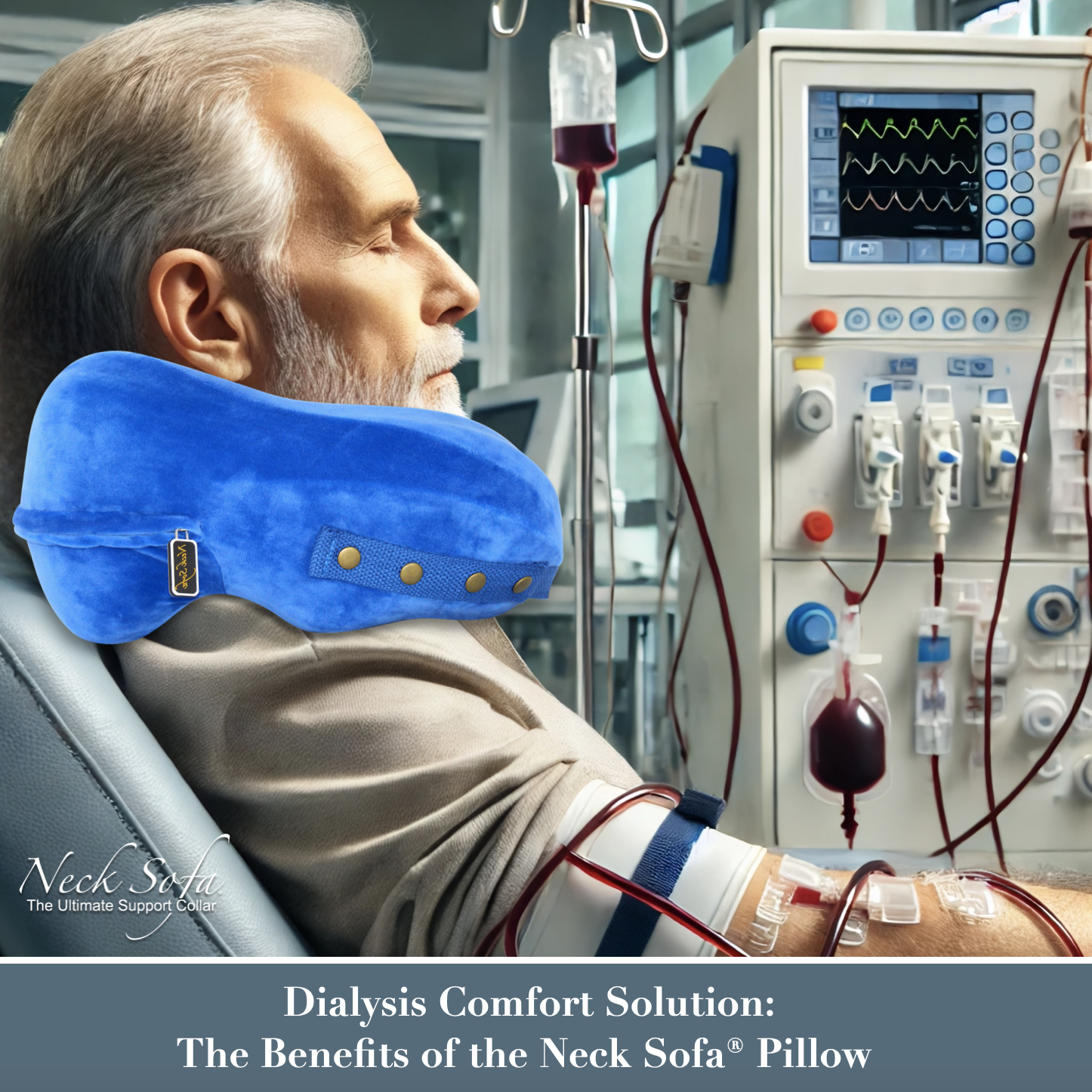 Image with a dialysis patient using Neck Sofa® Pillow: "An older man sitting comfortably in a reclining dialysis chair, using a Neck Sofa® Pillow for neck support. He is connected to a dialysis machine via invisible tubing. The room is clean and professional, with medical equipment visible, including dialysis monitors and machines. The patient looks relaxed during the treatment session."