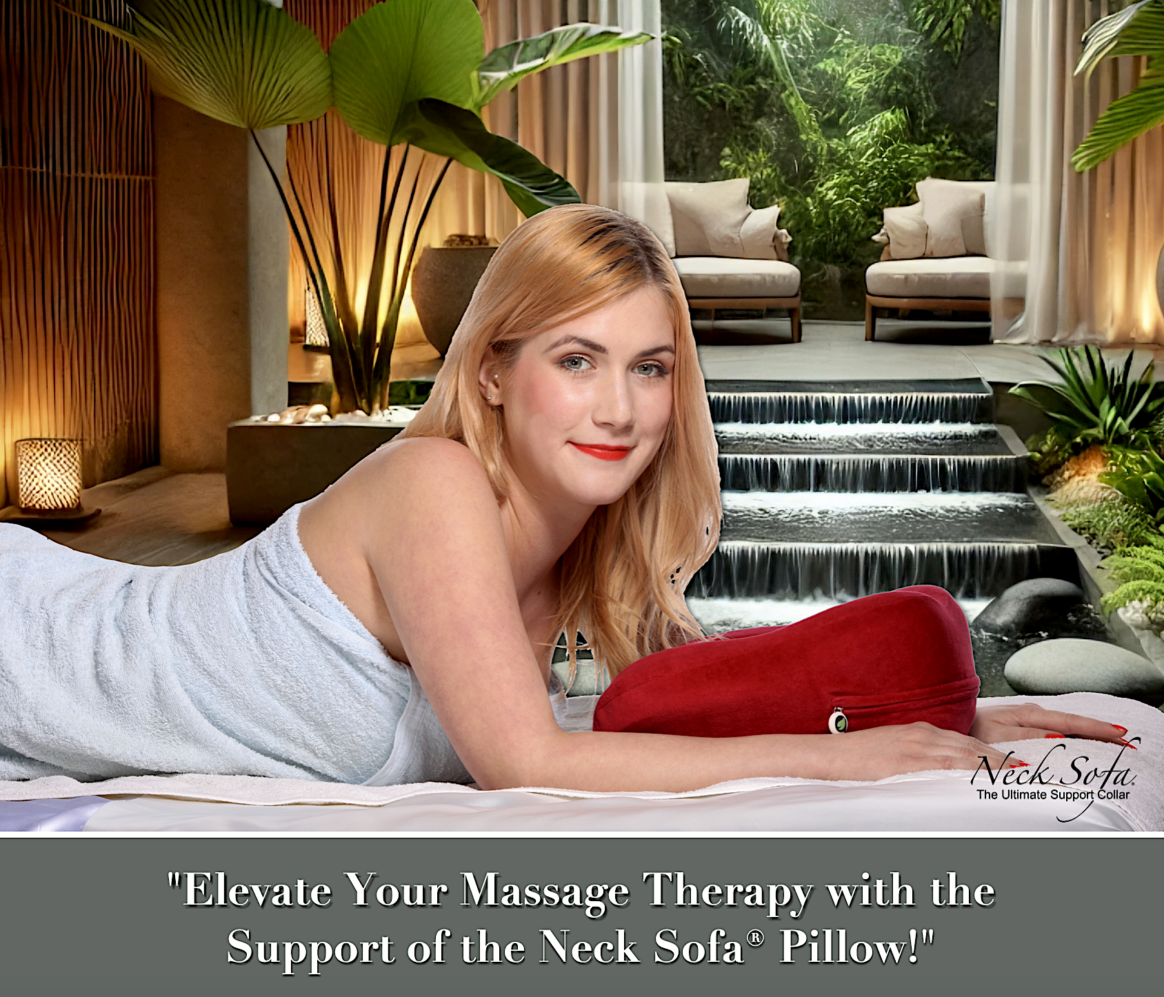 Close-up of a luxurious spa setting, focusing on beige-toned lounge chairs, cozy towels, softly lit candles, and a soothing water feature with smooth stones surrounded by tropical plants. The setting has natural wood and stone elements for a tranquil ambiance.