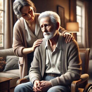 Elderly man in need of assistance with older caregiver in a cozy room – A highly realistic image of a frail elderly man, seated in a comfortable chair, with an attentive older caregiver assisting him in a cozy, softly lit room. The scene emphasizes warmth, care, and support in a peaceful home environment.