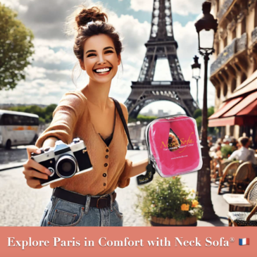 Image of a Traveler Sightseeing in Paris near the Eiffel Tower holding the Neck Sofa® Pillow. Traveler using the Neck Sofa® Pillow for neck support while enjoying a day of sightseeing in Paris, France.