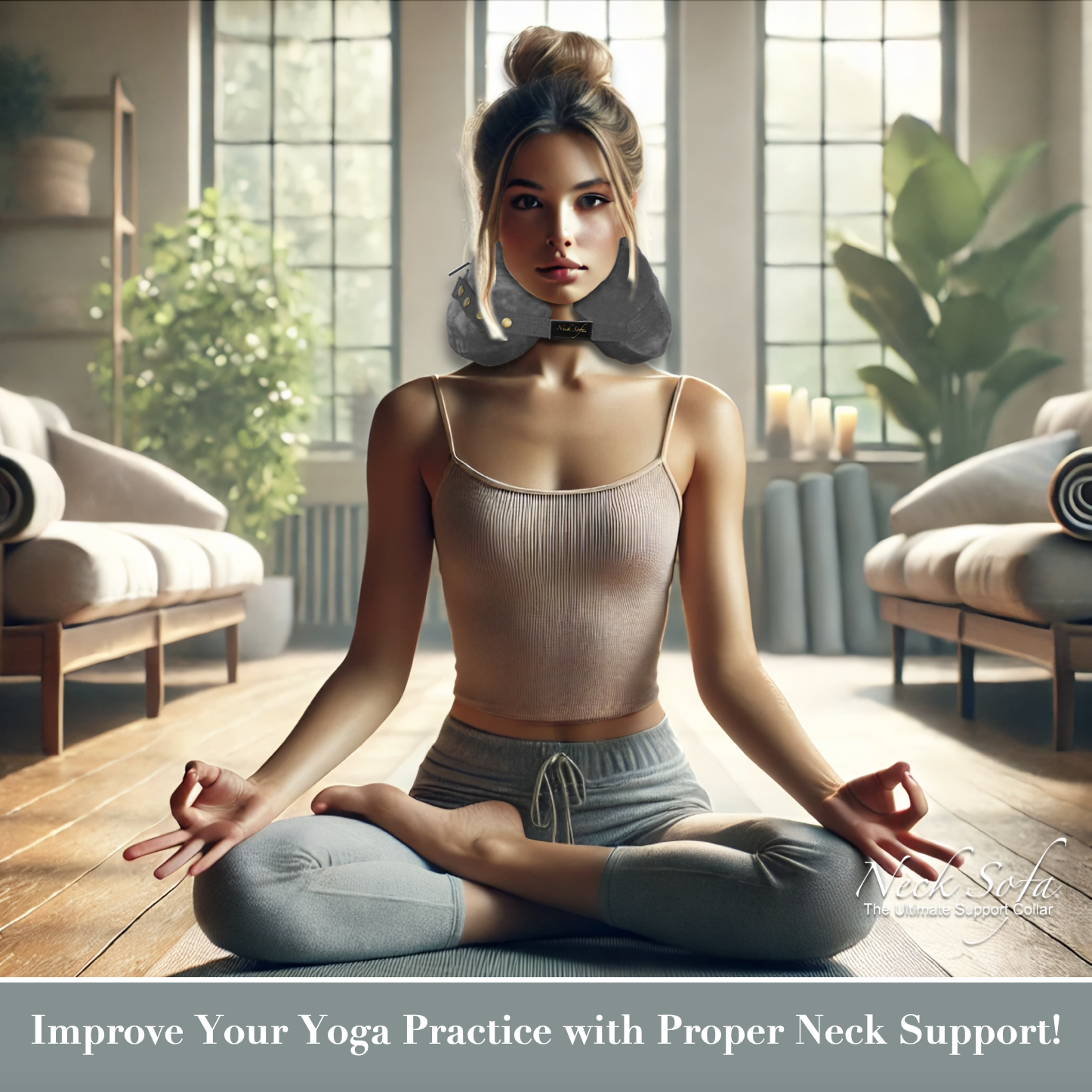 Woman wearing the Neck Sofa® Pillow in Yoga Pose Image: "A woman sitting on a yoga mat in a meditative pose, cross-legged with her eyes closed and hands resting on her knees in a traditional yoga mudra. The setting is a serene yoga room with wooden floors, plants, and soft natural light."