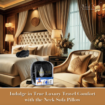 Plush Bed in a Luxury Hotel Room: A luxurious hotel room featuring a plush bed with a Neck Sofa Pillow on it. High-quality white linens and an elegant lounge chair with a Neck Sofa Pillow in a carry bag on it.