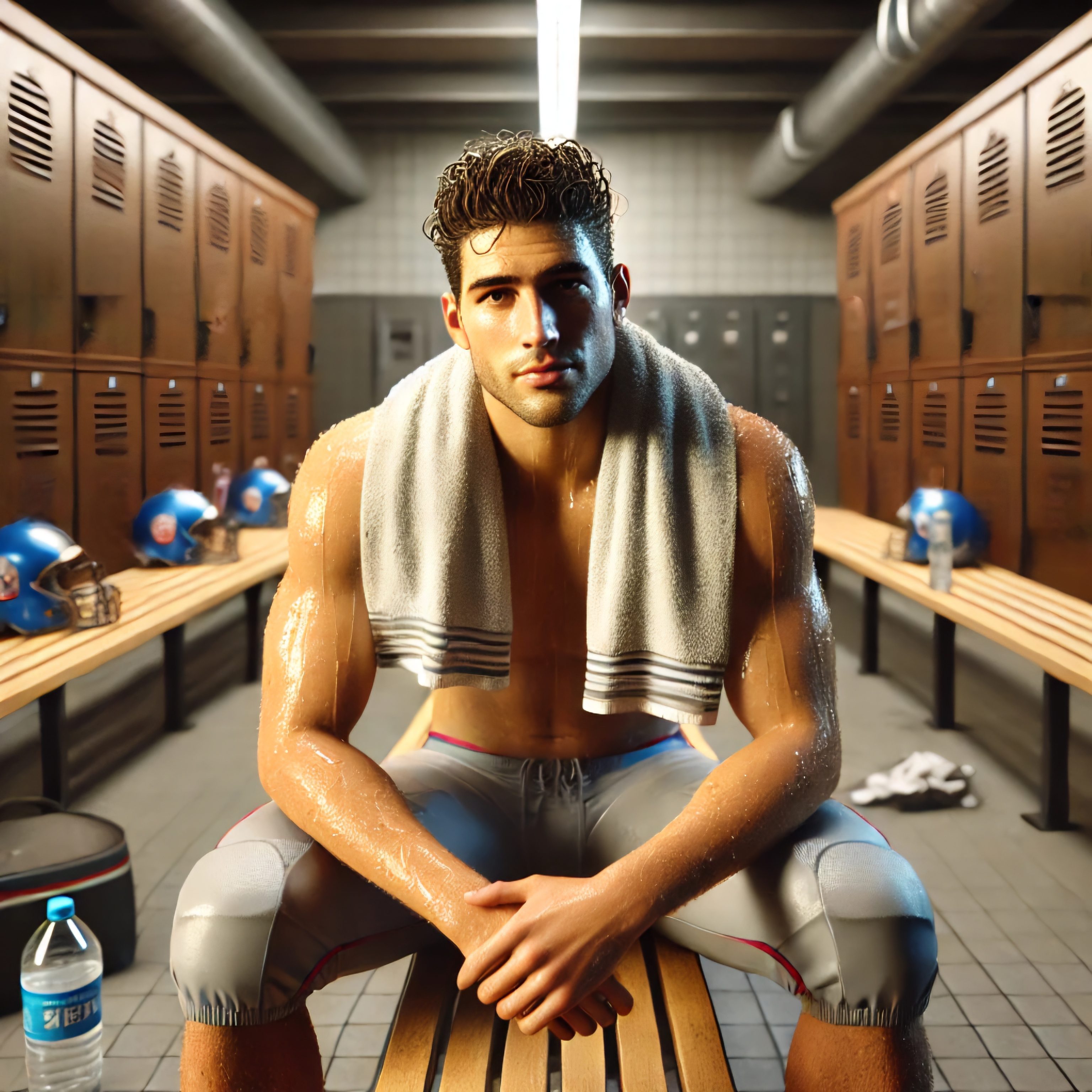  Football player looking forward without helmet wearinga Neck Sofa Pillow: "Focused football player in full gear, looking forward with determination, holding his helmet in one hand, with a stadium background."