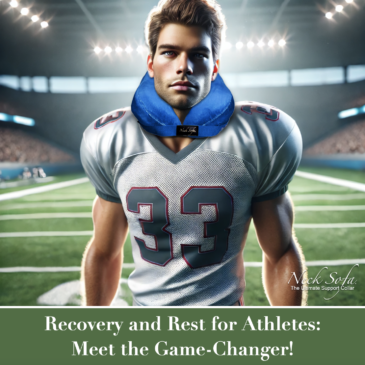 Football player looking forward without helmet wearinga Neck Sofa Pillow: "Focused football player in full gear, looking forward with determination, holding his helmet in one hand, with a stadium background."