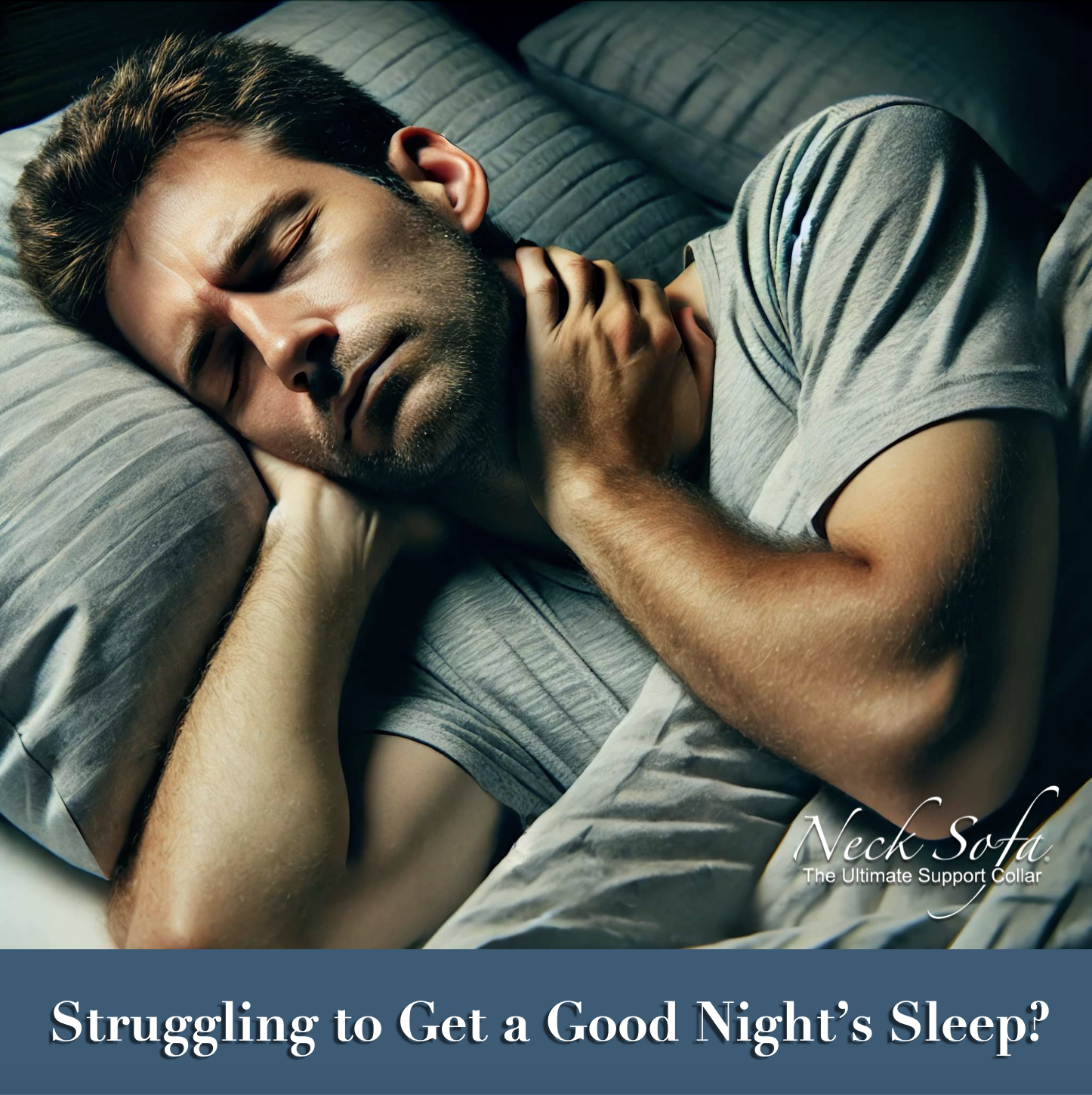 Man sleeping comfortably: A man lying on his back in a cozy, dimly lit bedroom. He is resting peacefully with his head supported by a pillow. The room is simple, with soft lighting and minimal furniture, creating a calm and serene atmosphere for restful sleep.