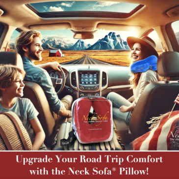 An image of a family traveling across America, enjoying their road trip together. The Mom is wearing a blue Neck Sofa Pillow in the front seat and there is a Burgundy Neck Sofa Pillow in a carry bag in the back seat with the little boy.