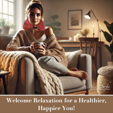 Close-up of Woman Relaxing: A close-up of a woman sitting in an armchair, wrapped in a knit blanket. She is holding a mug of tea, with her brown hair tied up in a bun. The scene has soft lighting, with a peaceful expression on her face, and cozy surroundings.