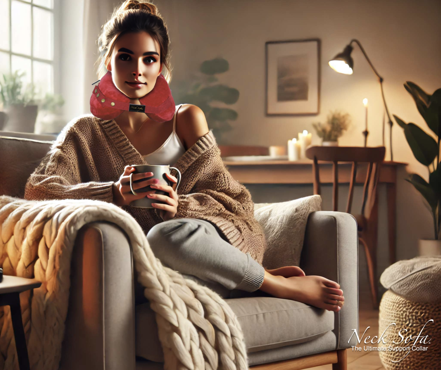Close-up of Woman Relaxing: A close-up of a woman sitting in an armchair, wrapped in a knit blanket. She is holding a mug of tea, with her brown hair tied up in a bun. The scene has soft lighting, with a peaceful expression on her face, and cozy surroundings.