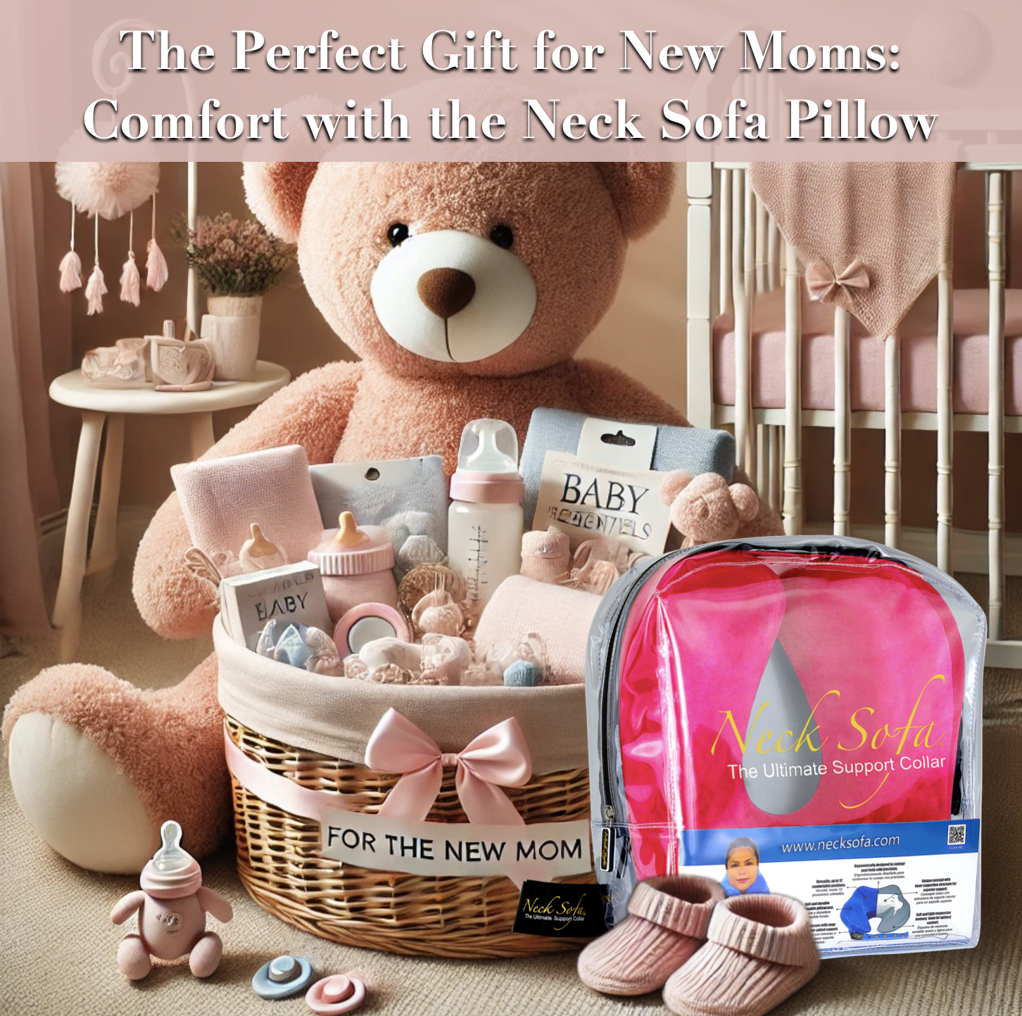 Cozy nursery setup featuring a gift basket of baby essentials with a pastel pink teddy bear and crib; perfect for new moms. Includes a Neck Sofa Pillow, soft blanket, baby bottle, pacifiers, toys, and booties in soothing pastel tones for a warm, thoughtful baby gift.