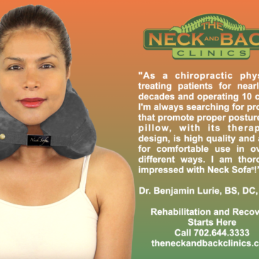 Doctor Endorsement Visual. An image of a woman wearing a grey Neck Sofa Pillow with a quote overlay of Dr. Benjamin Lurie endorsement written along with his website and phone number.