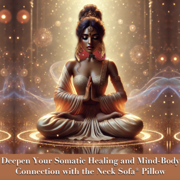 An image of a hyper-realistic depiction of the woman wearing a Burgundy Neck Sofa Pillow capturing intricate details while preserving the serene, mystical atmosphere.