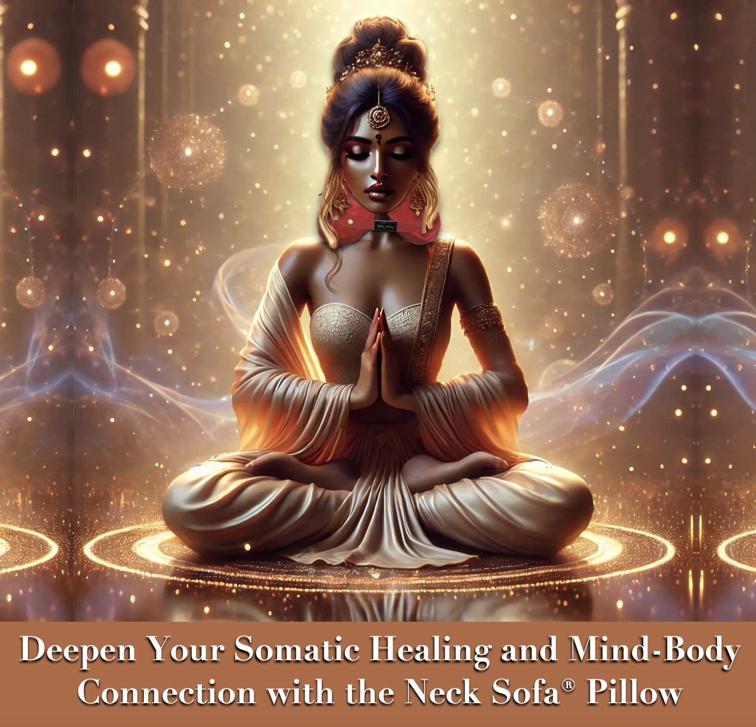 An image of a hyper-realistic depiction of the woman wearing a Burgundy Neck Sofa Pillow capturing intricate details while preserving the serene, mystical atmosphere.