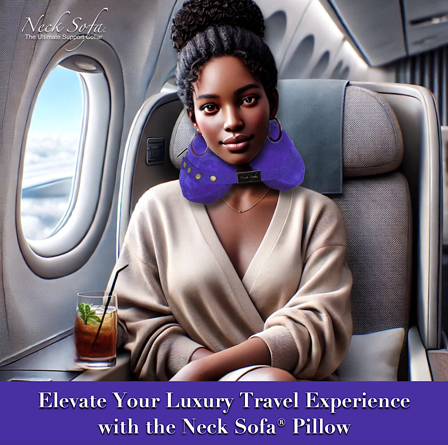 An image of the woman seated comfortably in a first-class airplane cabin wearing a purple Neck Sofa Pillow. 