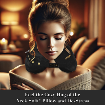 image of a woman wearing the Neck Sofa Pillow de-stressing, with her shoulders covered a bit, enhancing the cozy atmosphere.