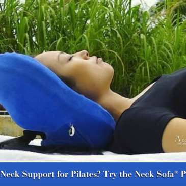 Woman lying down using the Neck Sofa Pillow for neck support while doing pilates.