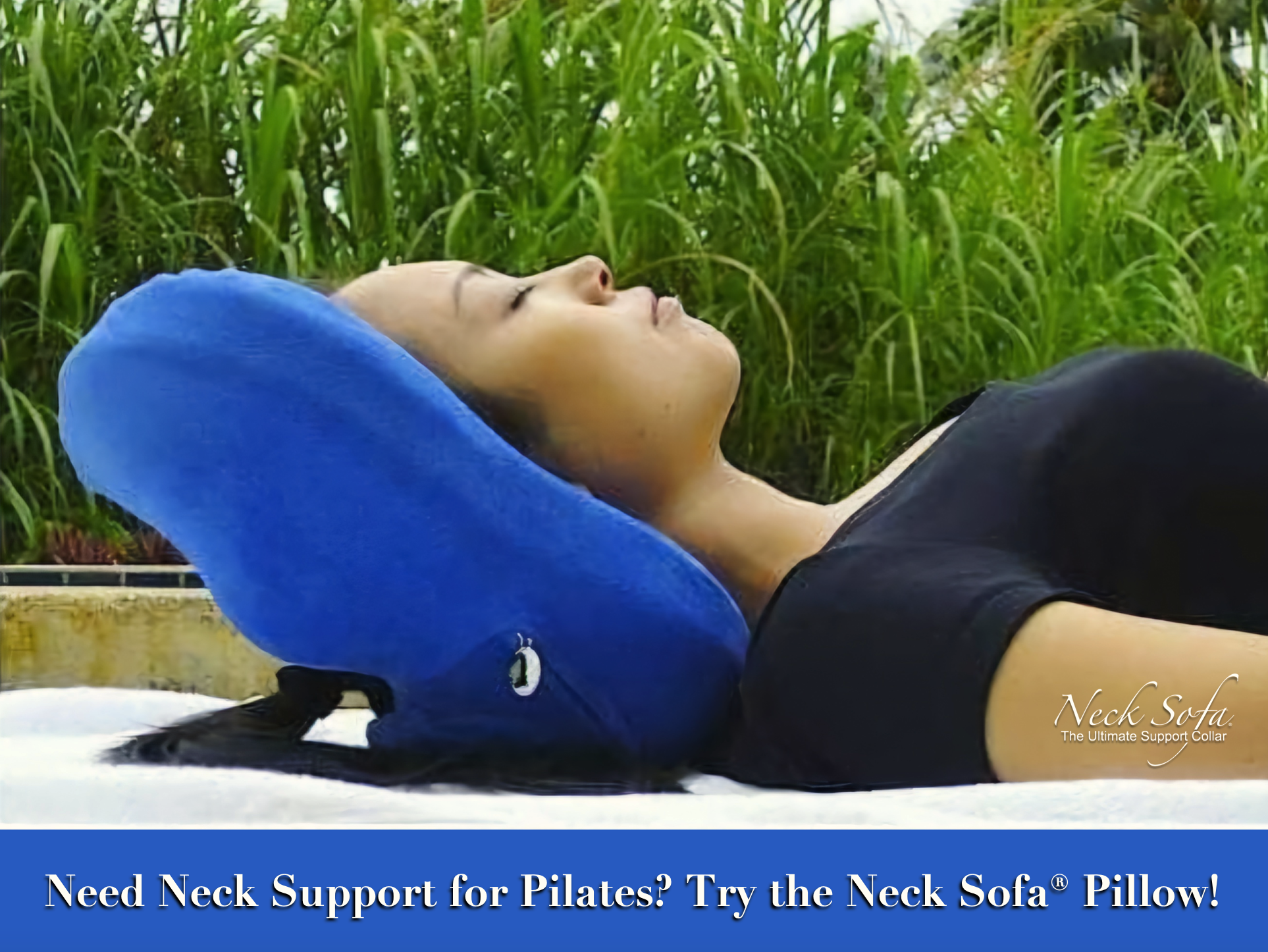 Woman lying down using the Neck Sofa Pillow for neck support while doing pilates.