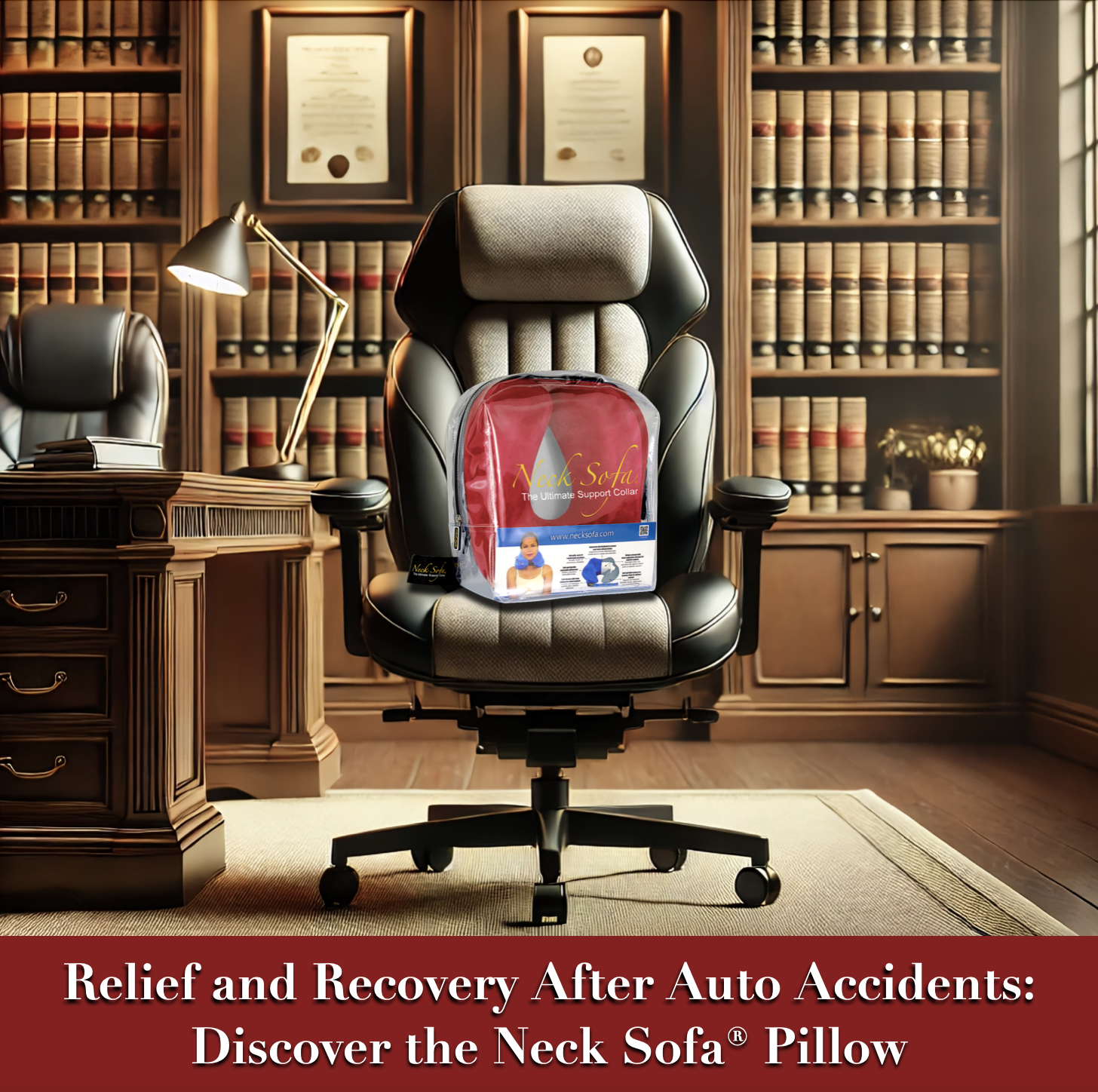 Ergonomic chair in a professional attorney's office with plush neck and back support with a Neck Sofa Pillow on it, positioned to highlight its role in client recovery support. The office is tastefully decorated with a desk, bookshelves of law books, framed certificates, and warm lighting, creating a comfortable and trustworthy environment.
