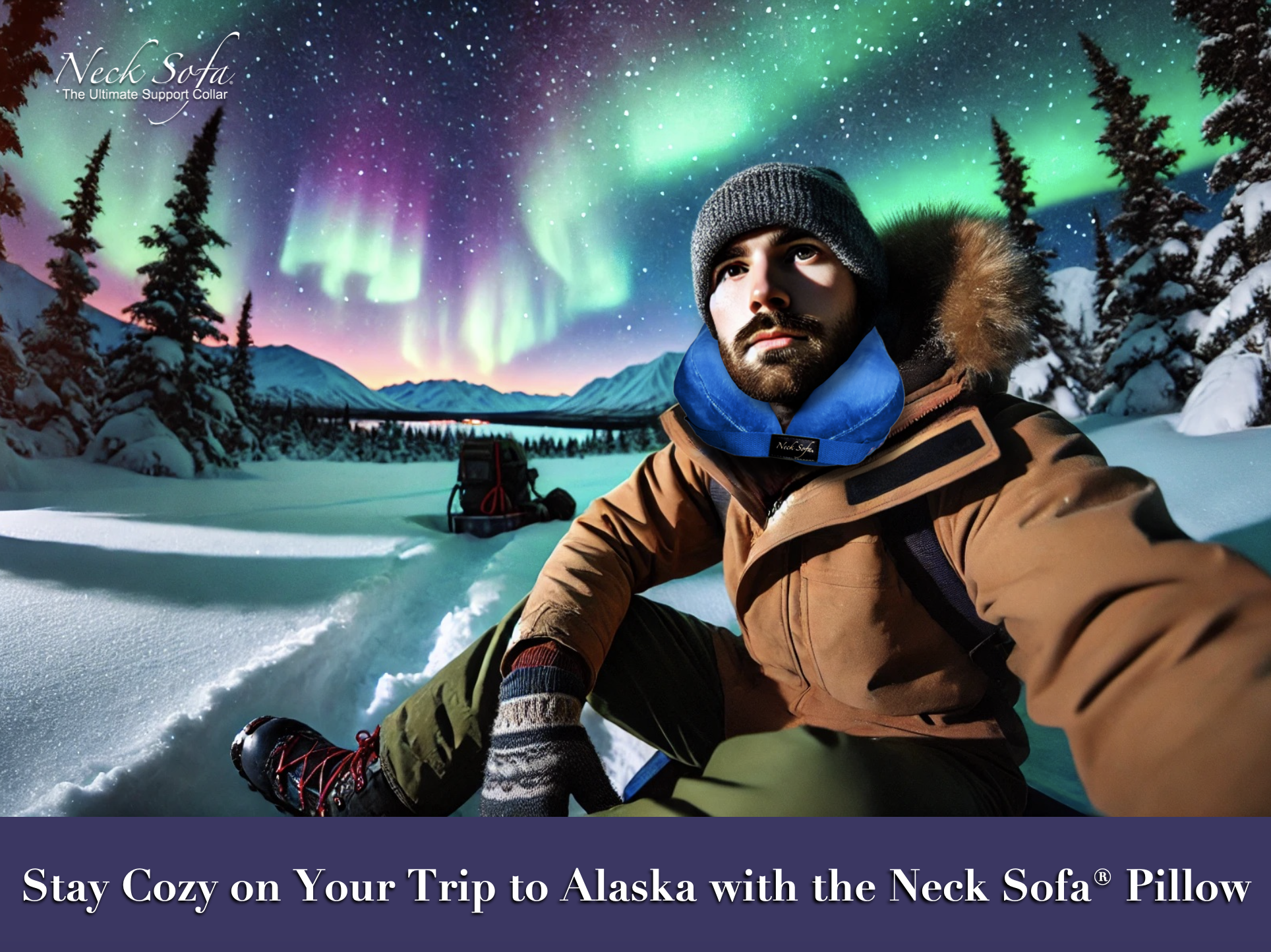Image with the traveler's face clearly visible as he looks forward under the Northern Lights in Alaska wearing a Neck Sofa Pillow.