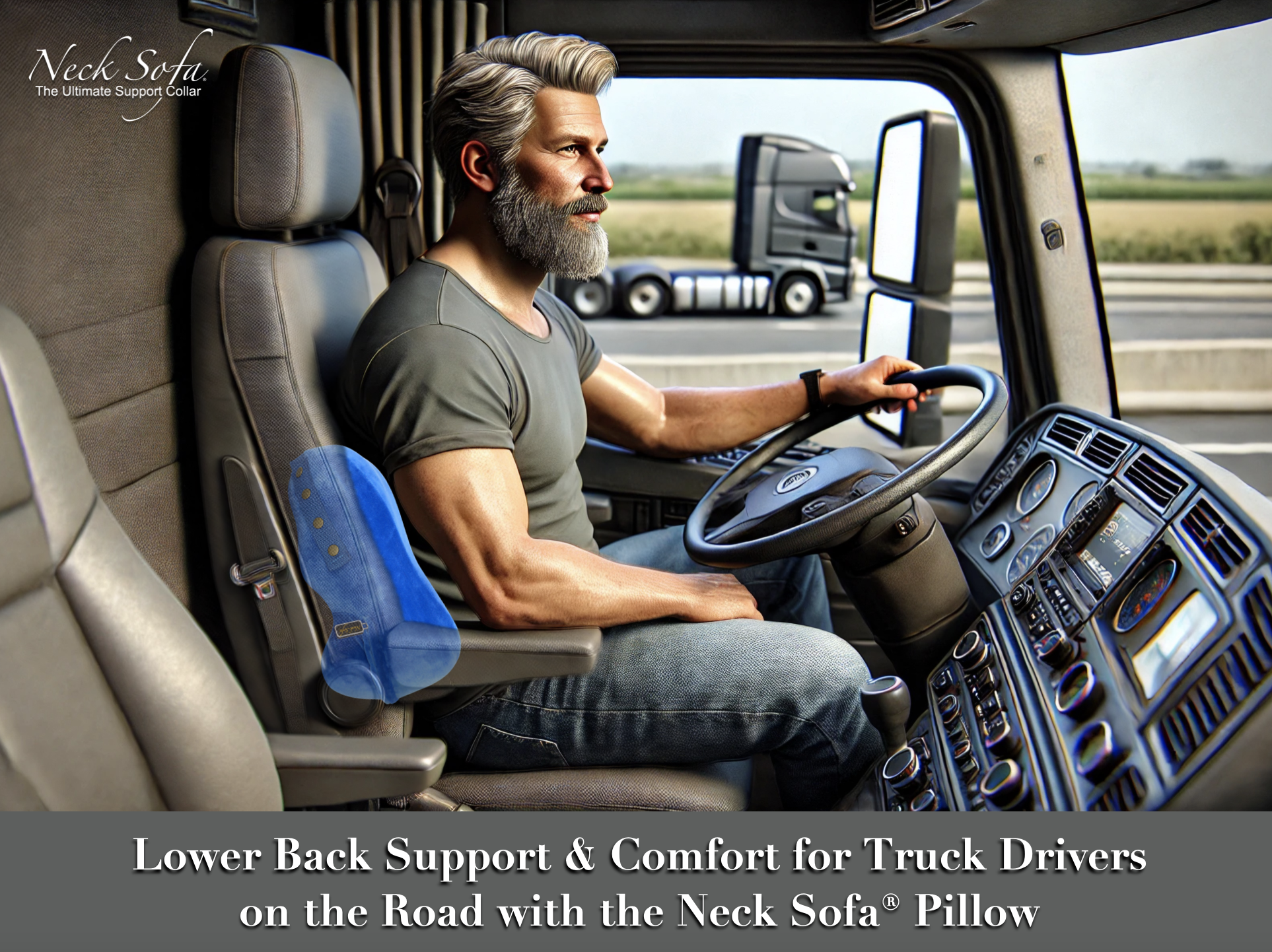An image with an older, ruggedly handsome truck driver with a beard using the Neck Sofa Pillow as a lower back support while driving his truck. 