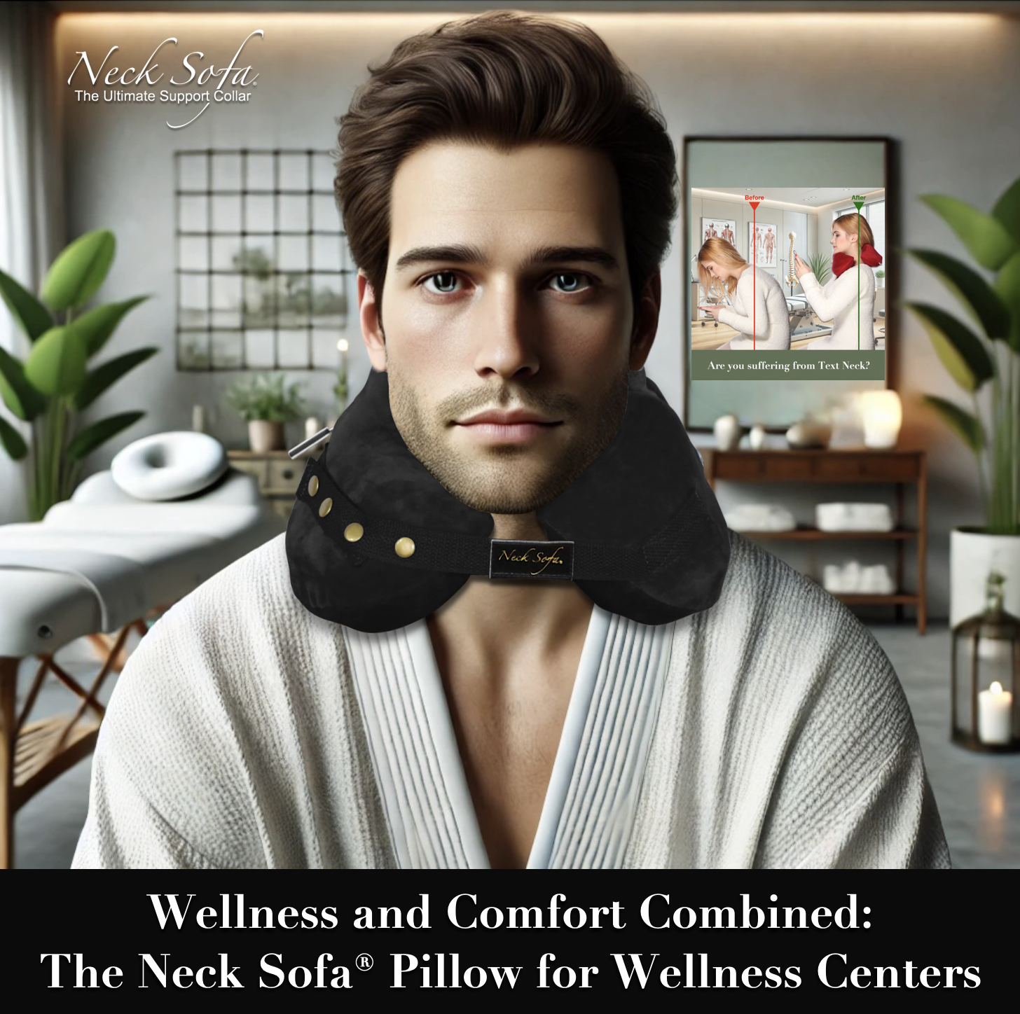 An image with the man wearing a comfortable white robe in the serene spa setting wearing a black Neck Sofa Pillow. 