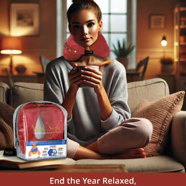 Image of a woman with her hair styled in a neat bun, and a calm, relaxed expression. She is wearing a burgundy Neck Sofa Pillow in a cozy and serene living room atmosphere.