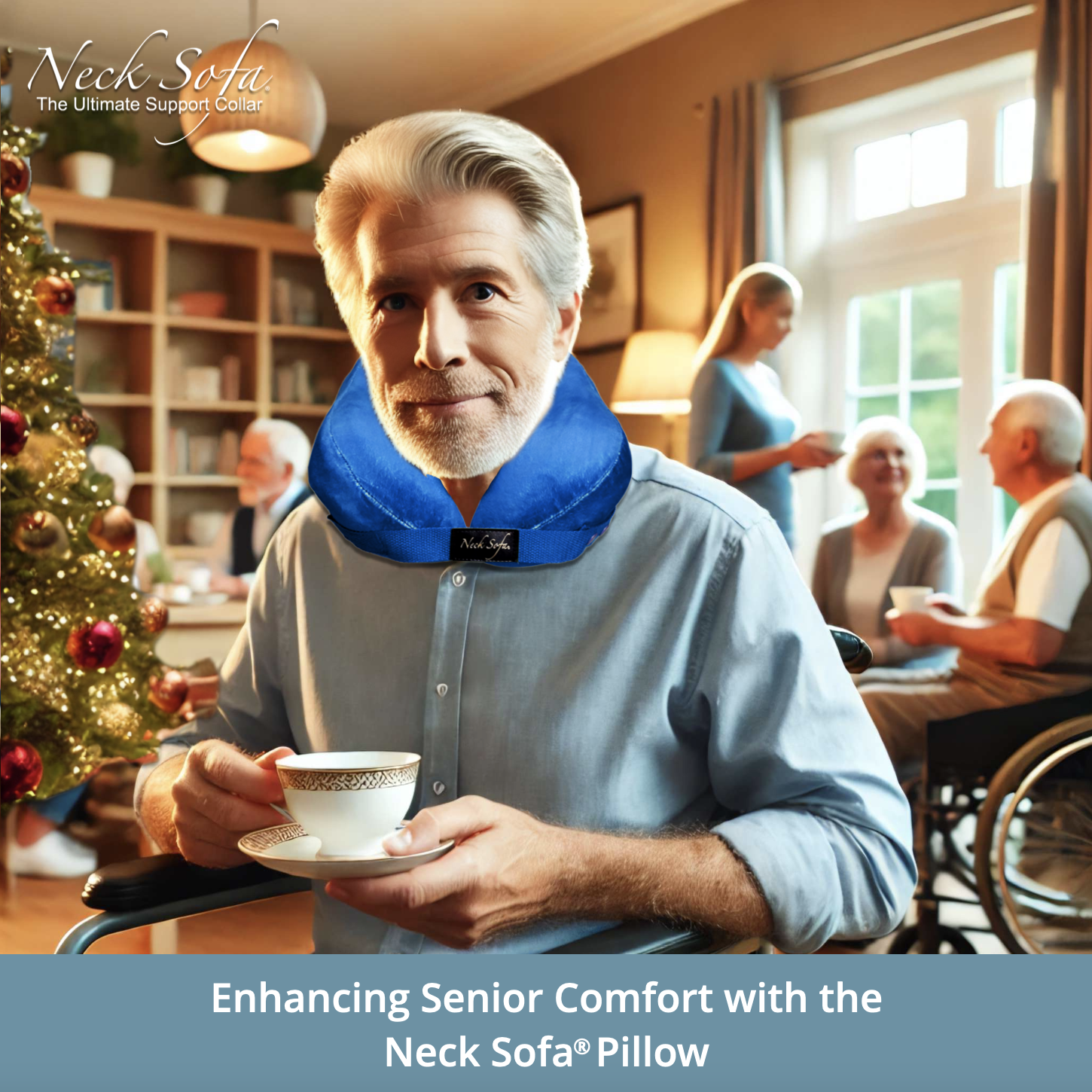 Senior man drinking coffee while wearing his blue Neck Sofa® Pillow