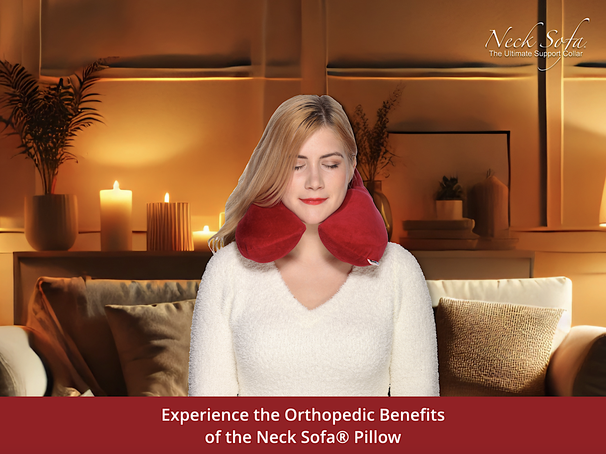 A image of a cozy, warmly lit room featuring a modern couch with a woman comfortably wearing a Burgundy Neck Sofa Pillow with her eyes closed 