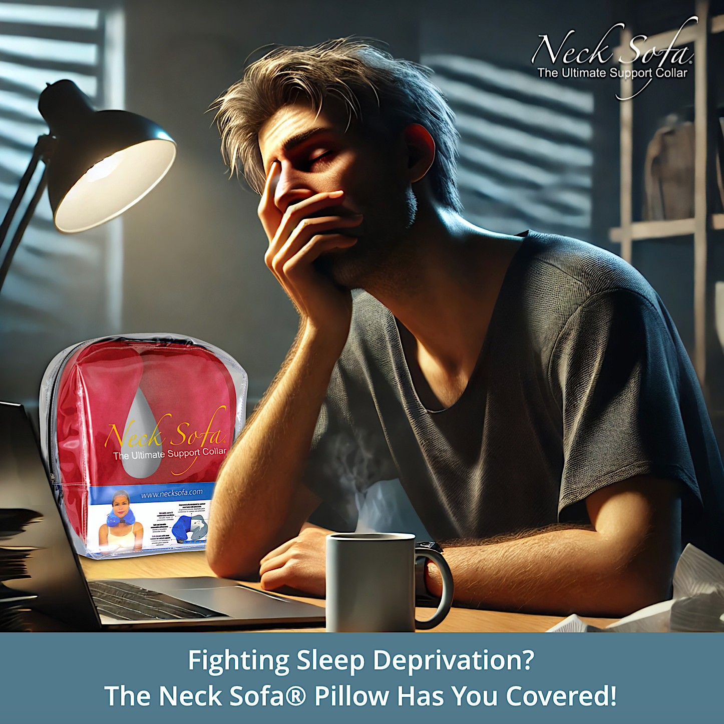 A sleep-deprived person rubbing their eyes or yawning at a desk with a Burgundy Neck Sofa Pillow next to him.