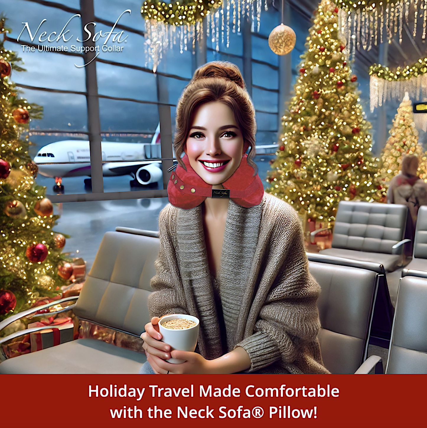 An image featuring a cheerful woman wearing a Burgundy Neck Sofa Pillow in a festive airport terminal scene during Christmas time.