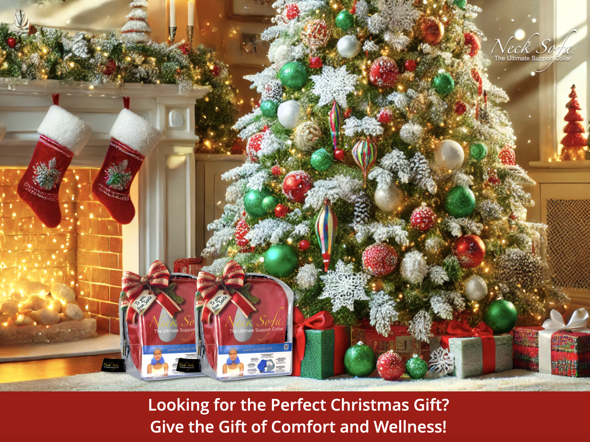 An image with a full view of the room, showcasing the vibrant Christmas tree along with a cozy and festive living space with a fireplace and Christmas gifts of two Burgundy Neck Sofa Pillows with ribbons on it in front of the Christmas tree.