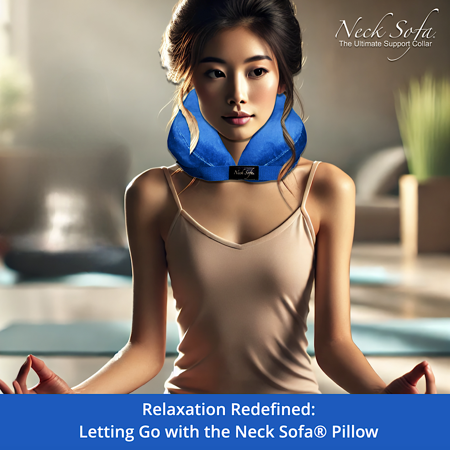 An image of a woman wearing a blue Neck Sofa Pillow in a serene meditation scene, symbolizing the mind-body-spirit connection in a tranquil environment.