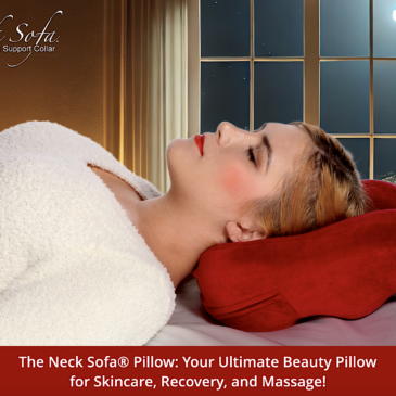 Here is a serene room with added cozy elements, with a warmly glowing lamp, creating an inviting and relaxing atmosphere. A woman sleeping on her back with the Neck Sofa Pillow in the Sleeping Beauty Position.