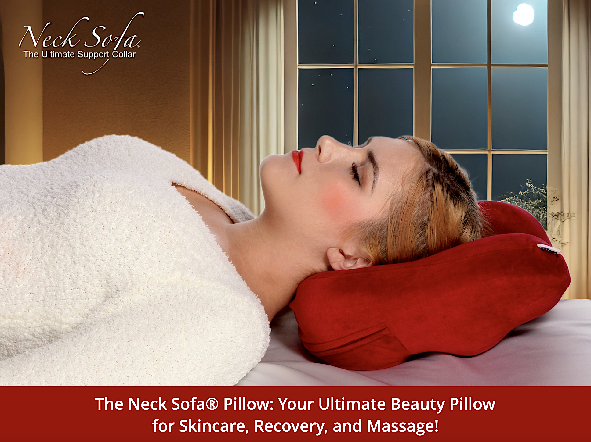 Here is a serene room with added cozy elements, with a warmly glowing lamp, creating an inviting and relaxing atmosphere. A woman sleeping on her back with the Neck Sofa Pillow in the Sleeping Beauty Position.