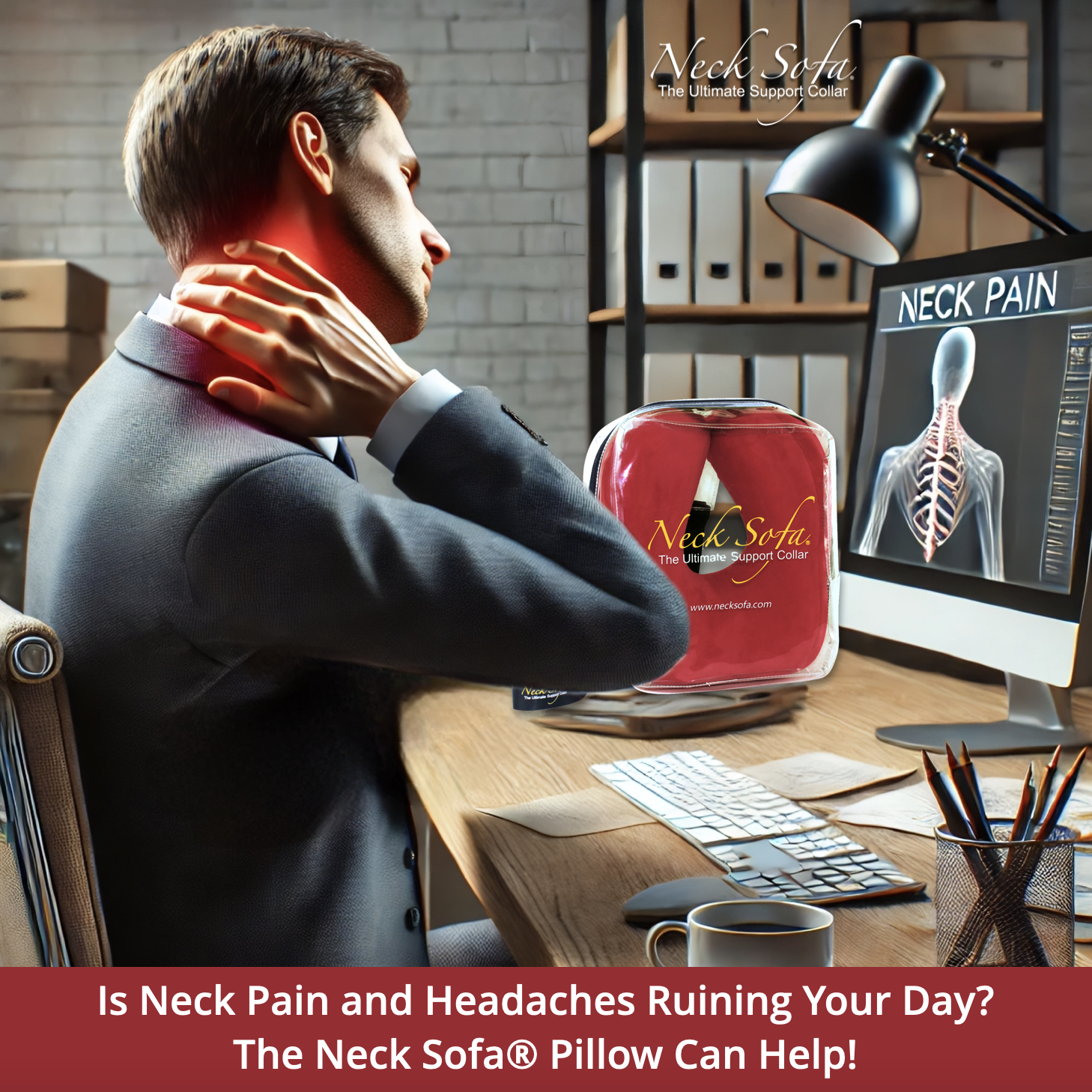 A man sitting at a desk holding his neck in discomfort and rubbing his neck due to a headache caused by neck tension.