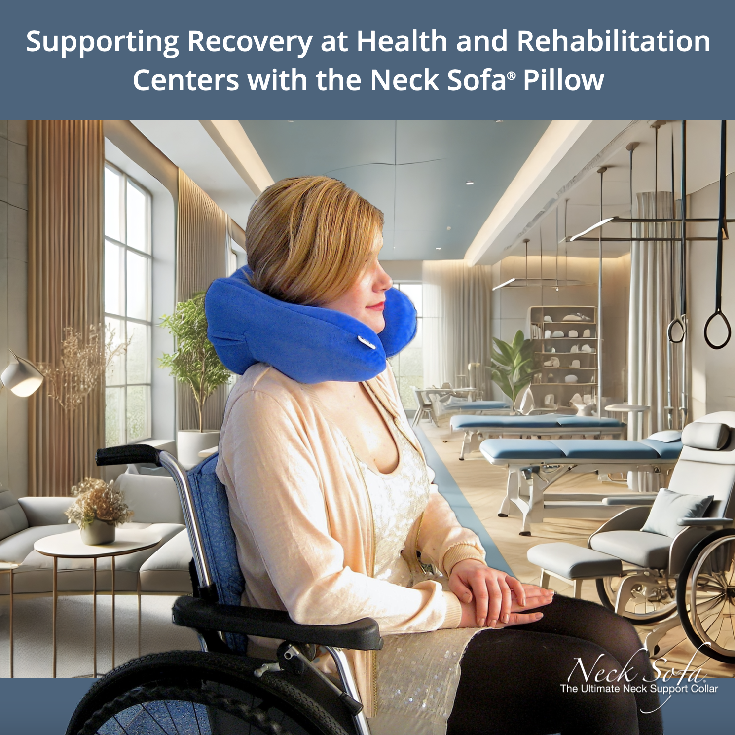 A woman sitting in a wheelchair wearing a Blue Neck Sofa Pillow at a rehabilitation center.